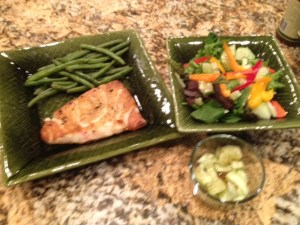 Paleo diet, wild Alaskan salmon, organic green beans, organinc salad