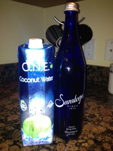 hydrate with coconut water and spring water in glass bottes